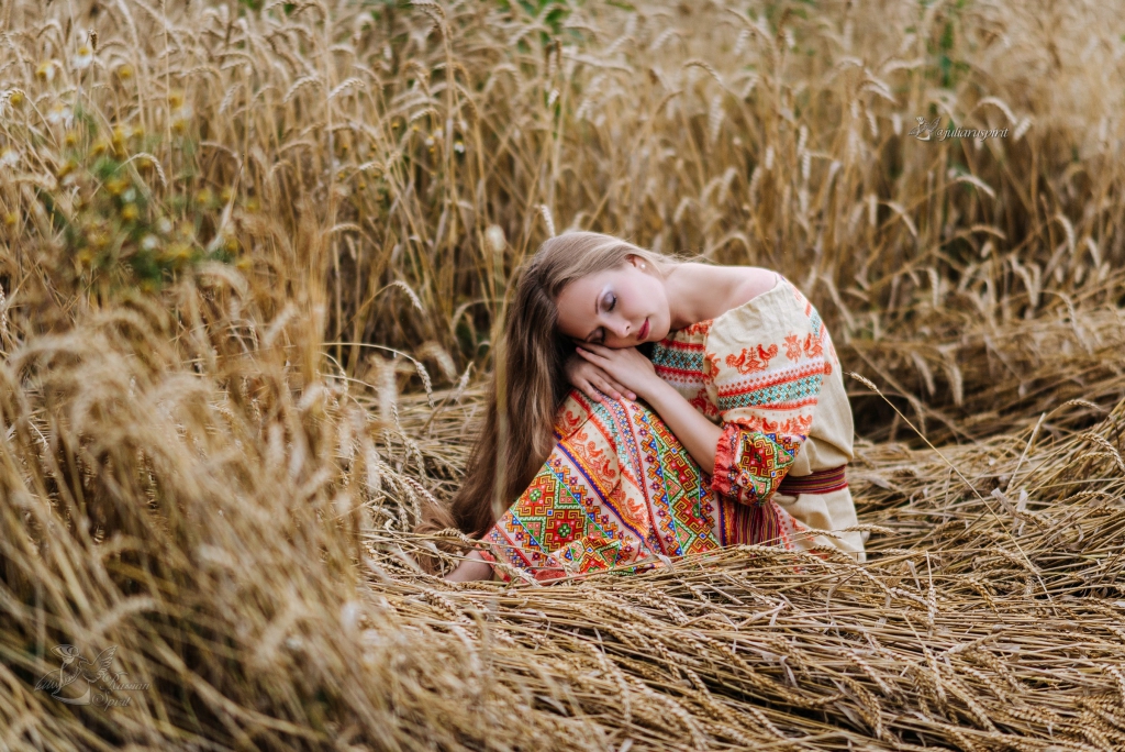девушка в платье в русском стиле в поле  в пшеничном поле