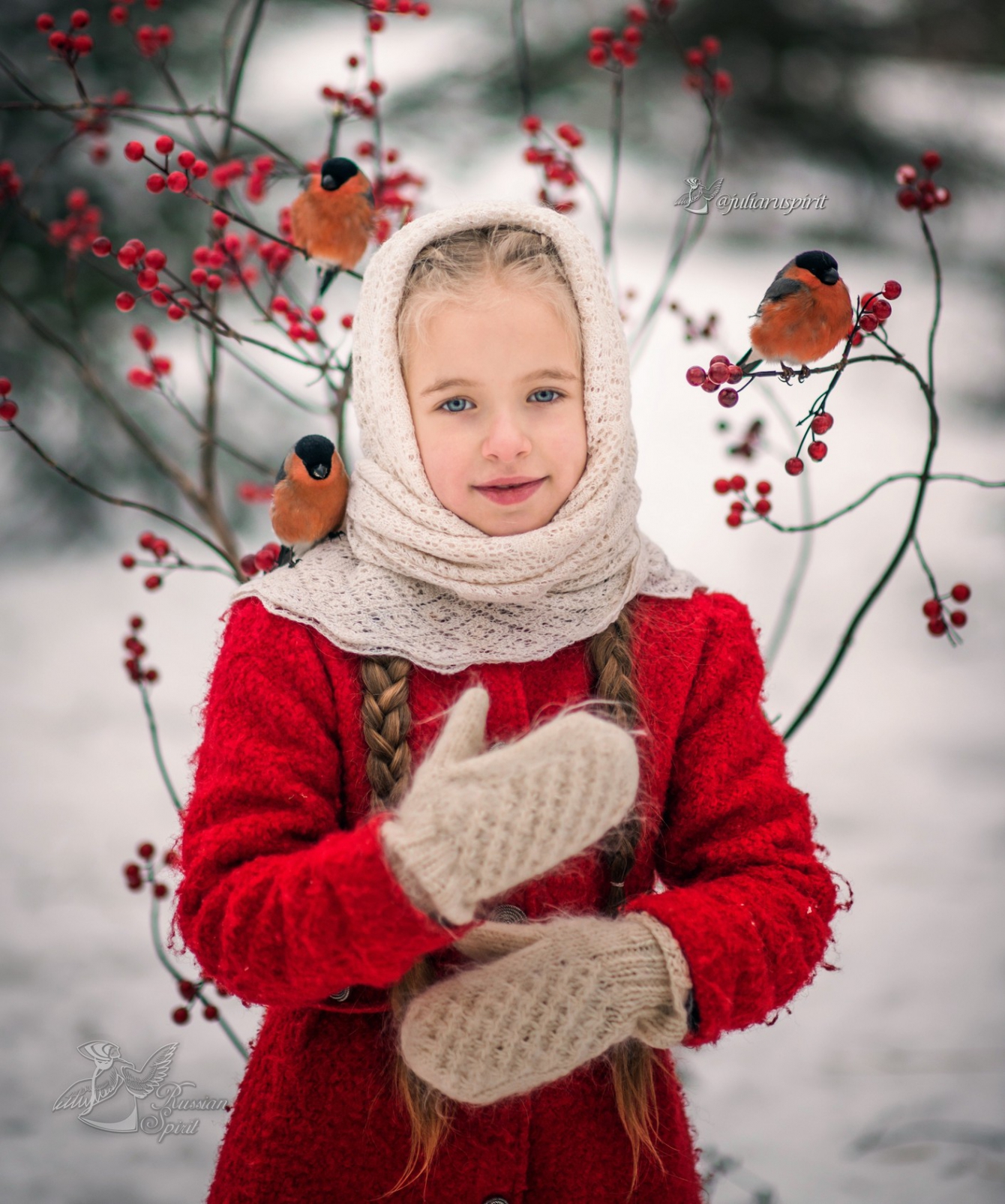 Девочка в красном пальто со снигирями