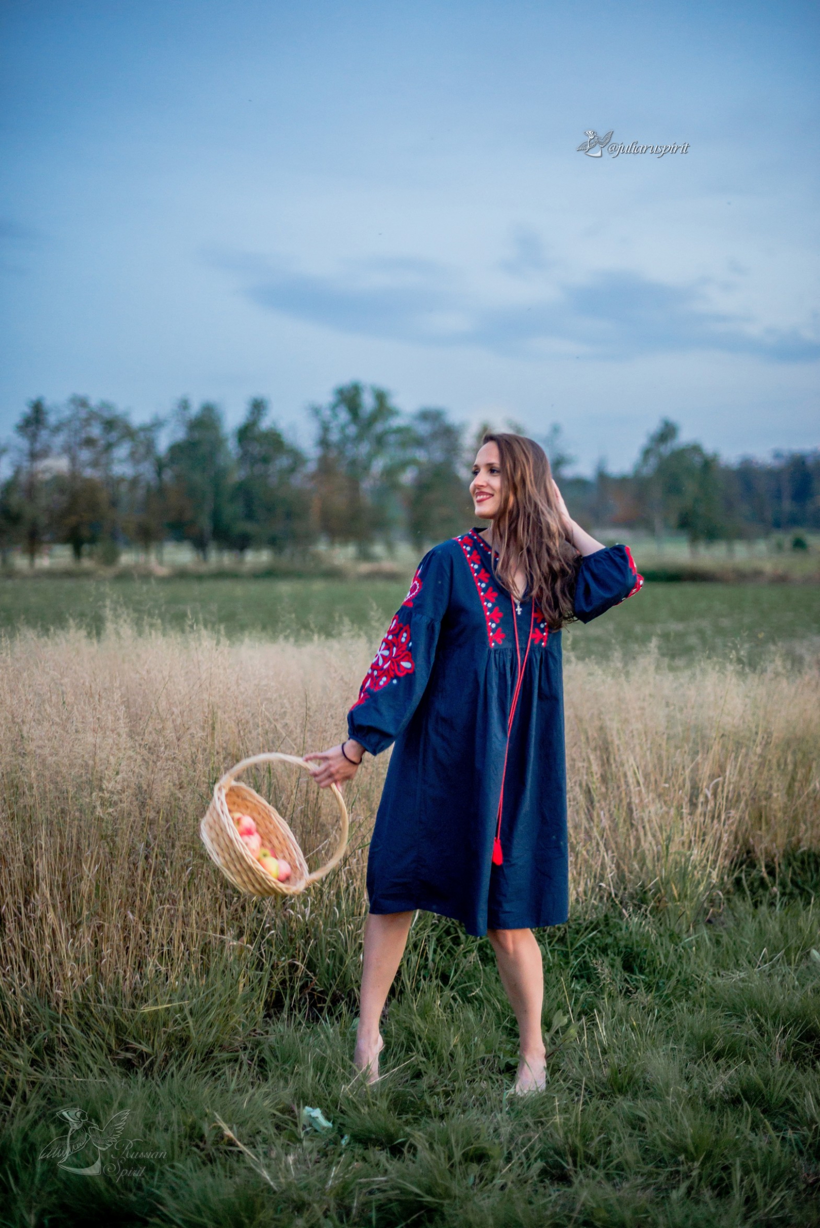 девушка с корзиной яблок в поле в национальном синем платье
