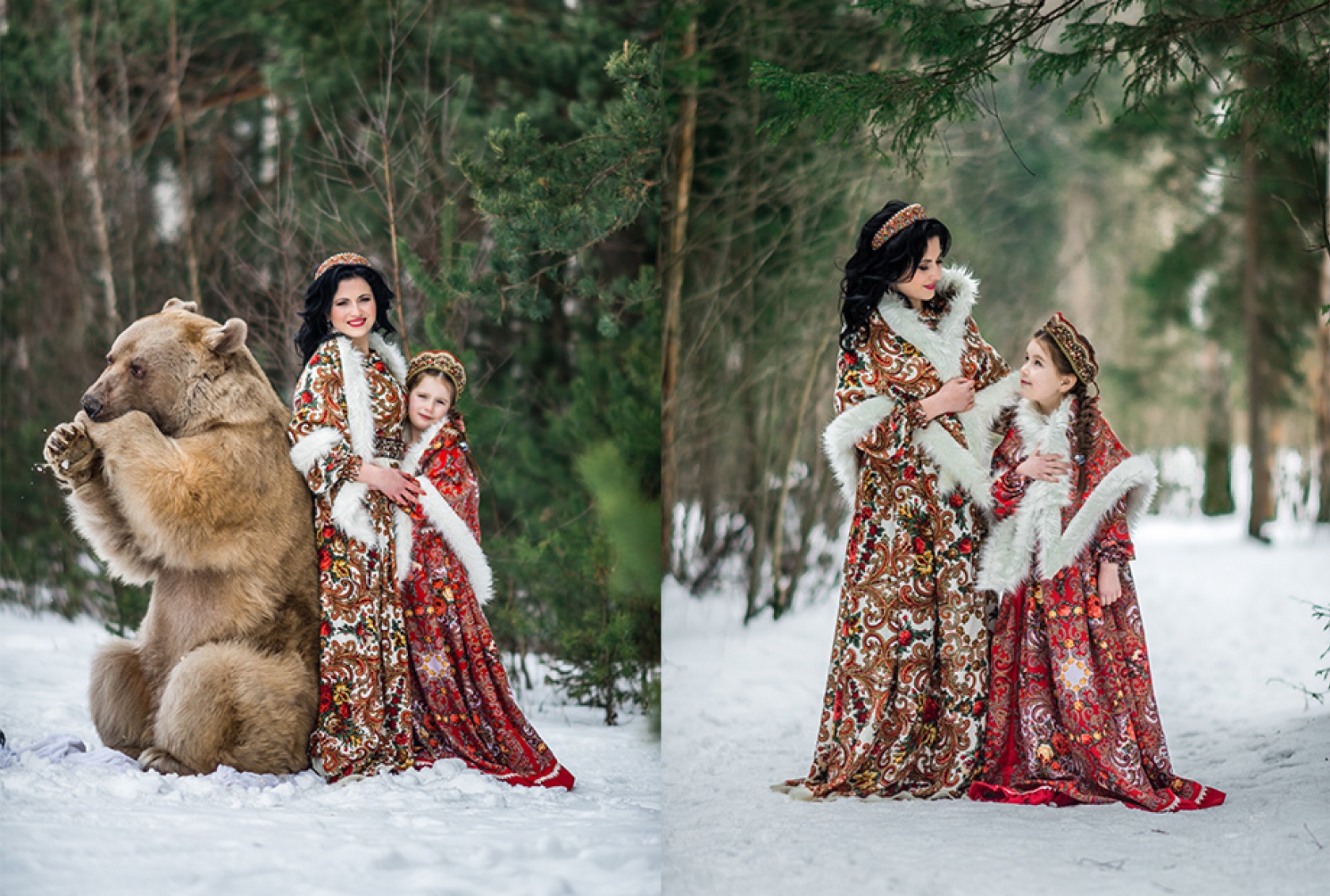 Мама с дочкой в русских народных костюмах фотосесси зимой с медведем