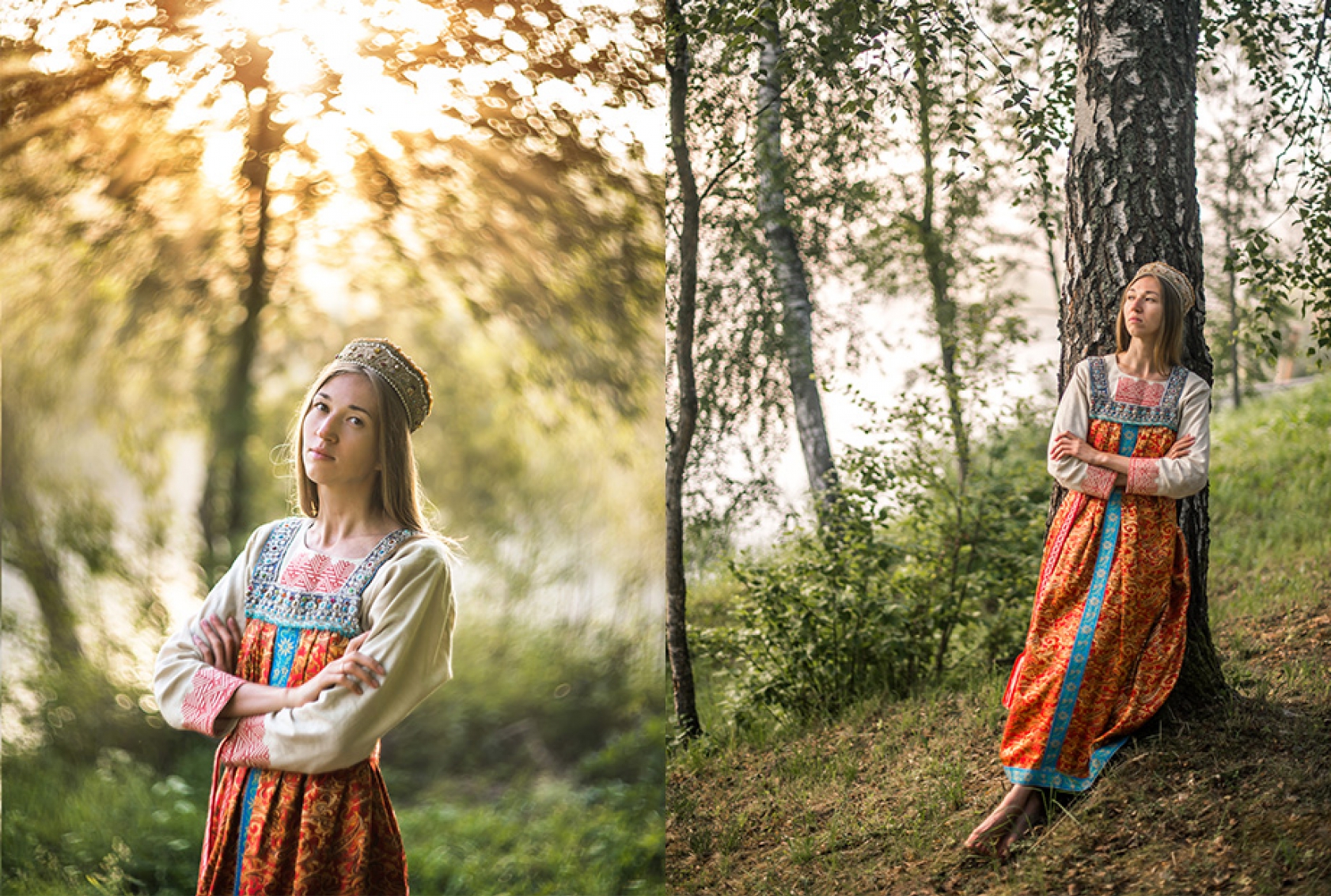 Девушка в русском народном платье в лесу на заре фотосессия