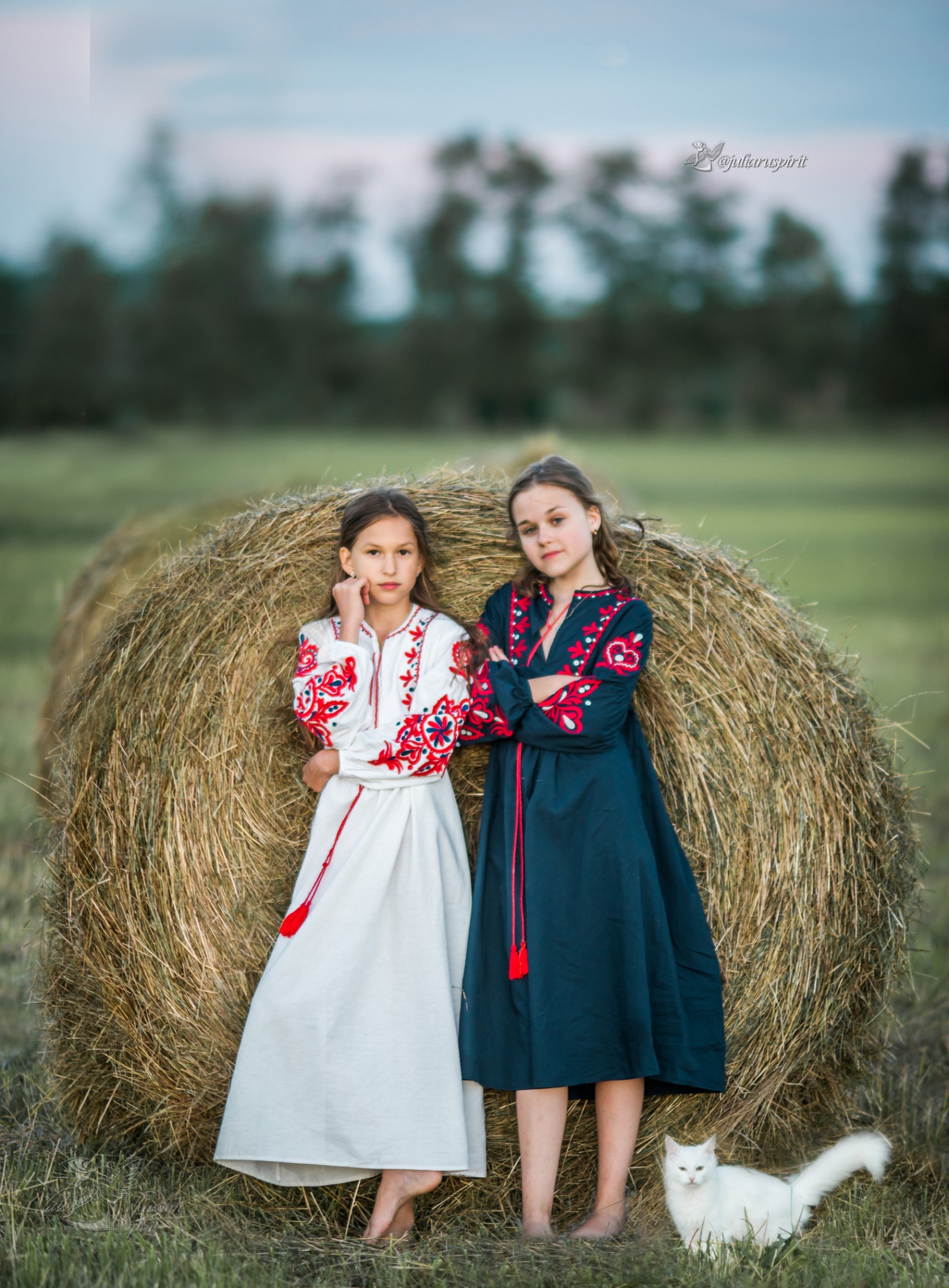 девочки у  стога в национальных русских платьях