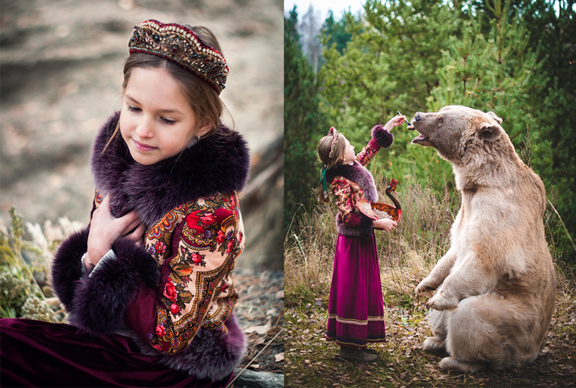 Девочка в костюме в русском стиле кормит медведя Степана