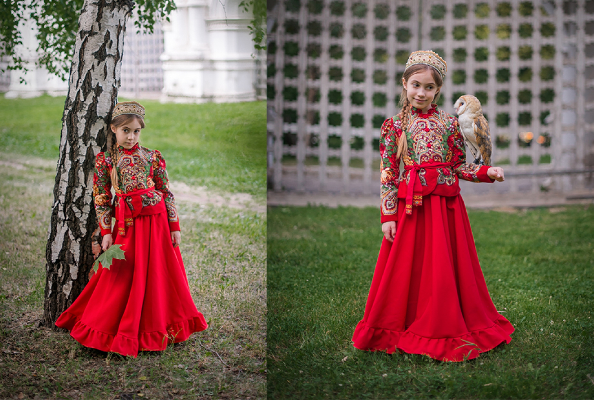 Девочка в платье в русском стиле с совой