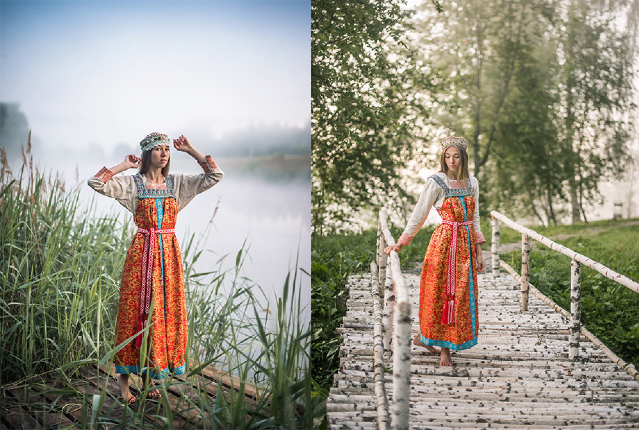 Девушка в русском народном платье у озера на мостике 