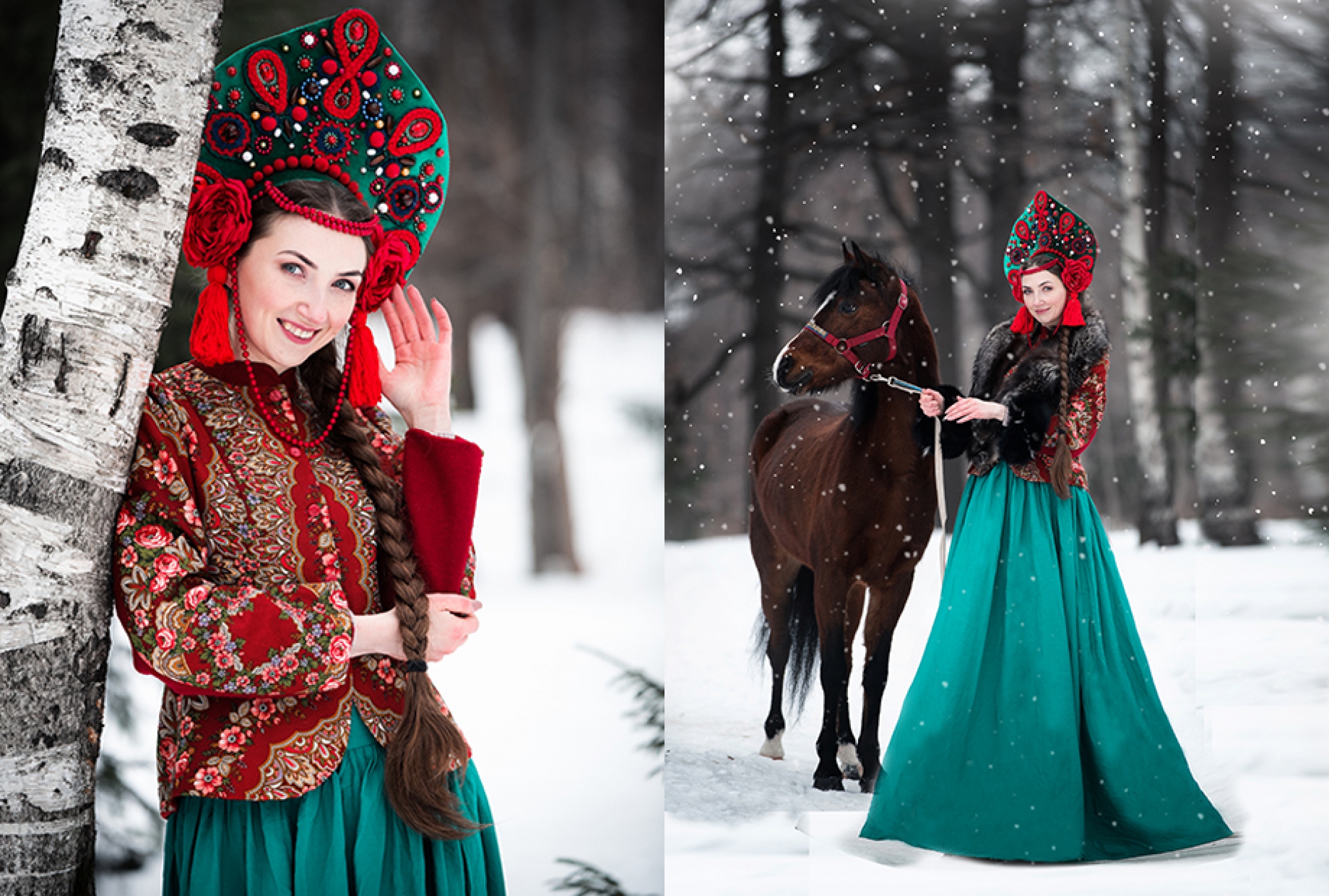 Девушка в костюме боярыни в с лошадью