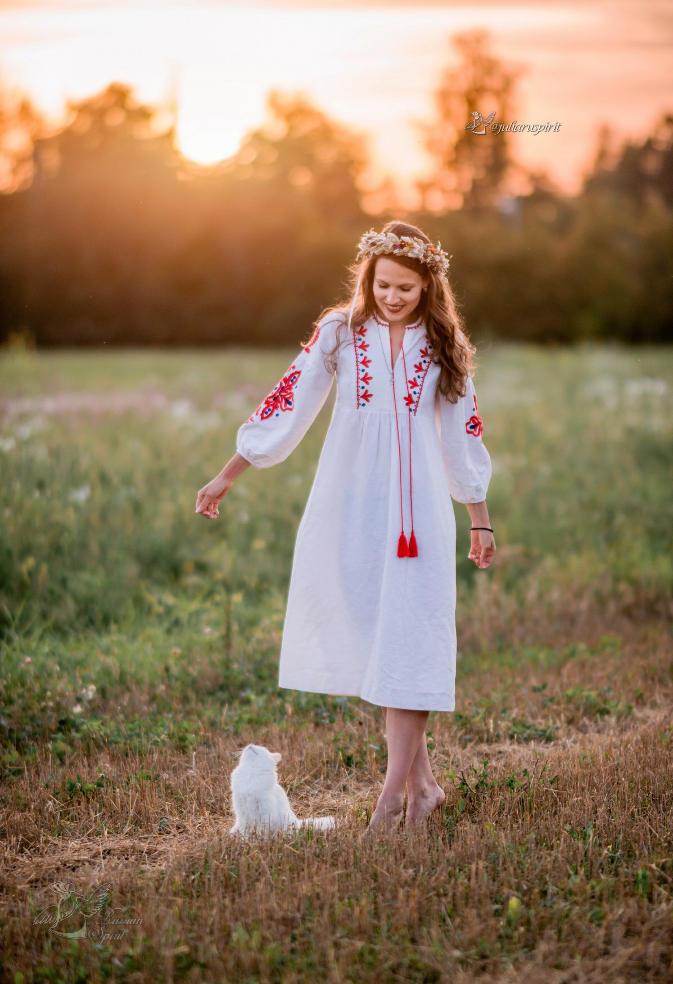 Девушка с кошкой в поле в платье с вышивкой