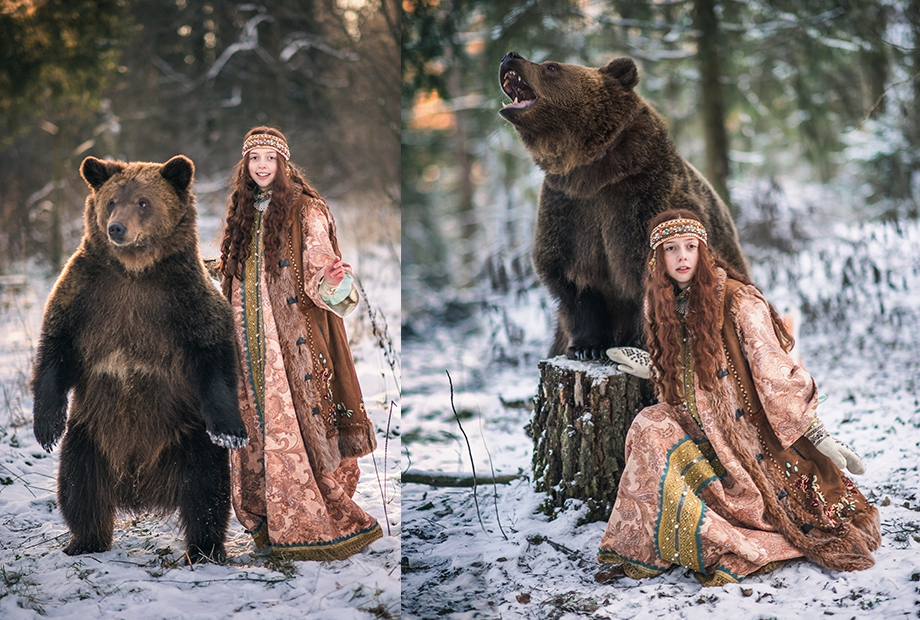 Девушка в русском народном платье и медведь фотосессия